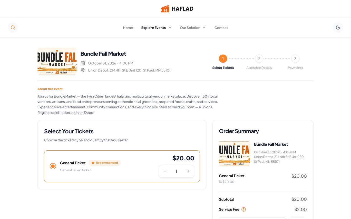 Checkout with ticket selection and order summary